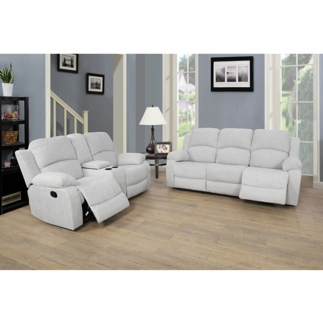Motion Sofa Recliner Set of 2 Microfiber Couch with TableConsole