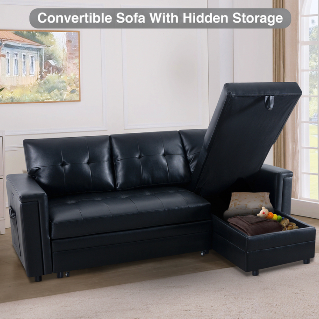 Lily L-Shaped Reversible Sleeper Sectional Sofa with USB Ports and Storage Chaise