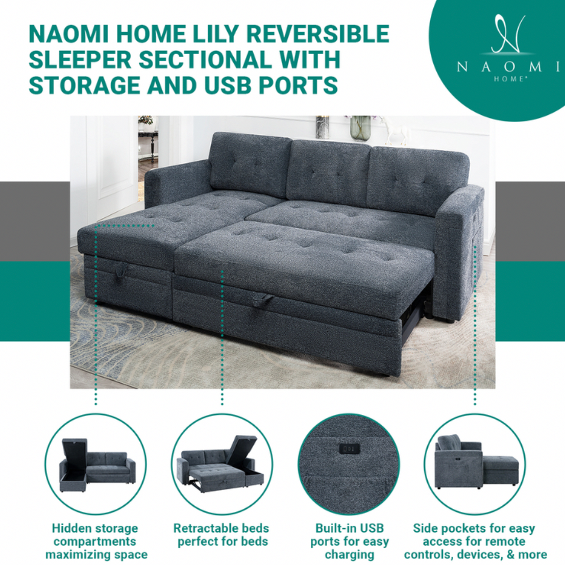 Lily L-Shaped Reversible Sleeper Sectional Sofa with USB Ports and Storage Chaise