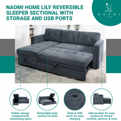 Lily L-Shaped Reversible Sleeper Sectional Sofa with USB Ports and Storage Chaise