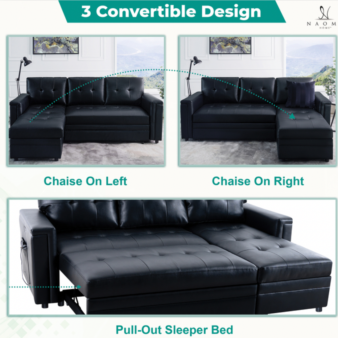 Lily L-Shaped Reversible Sleeper Sectional Sofa with USB Ports and Storage Chaise